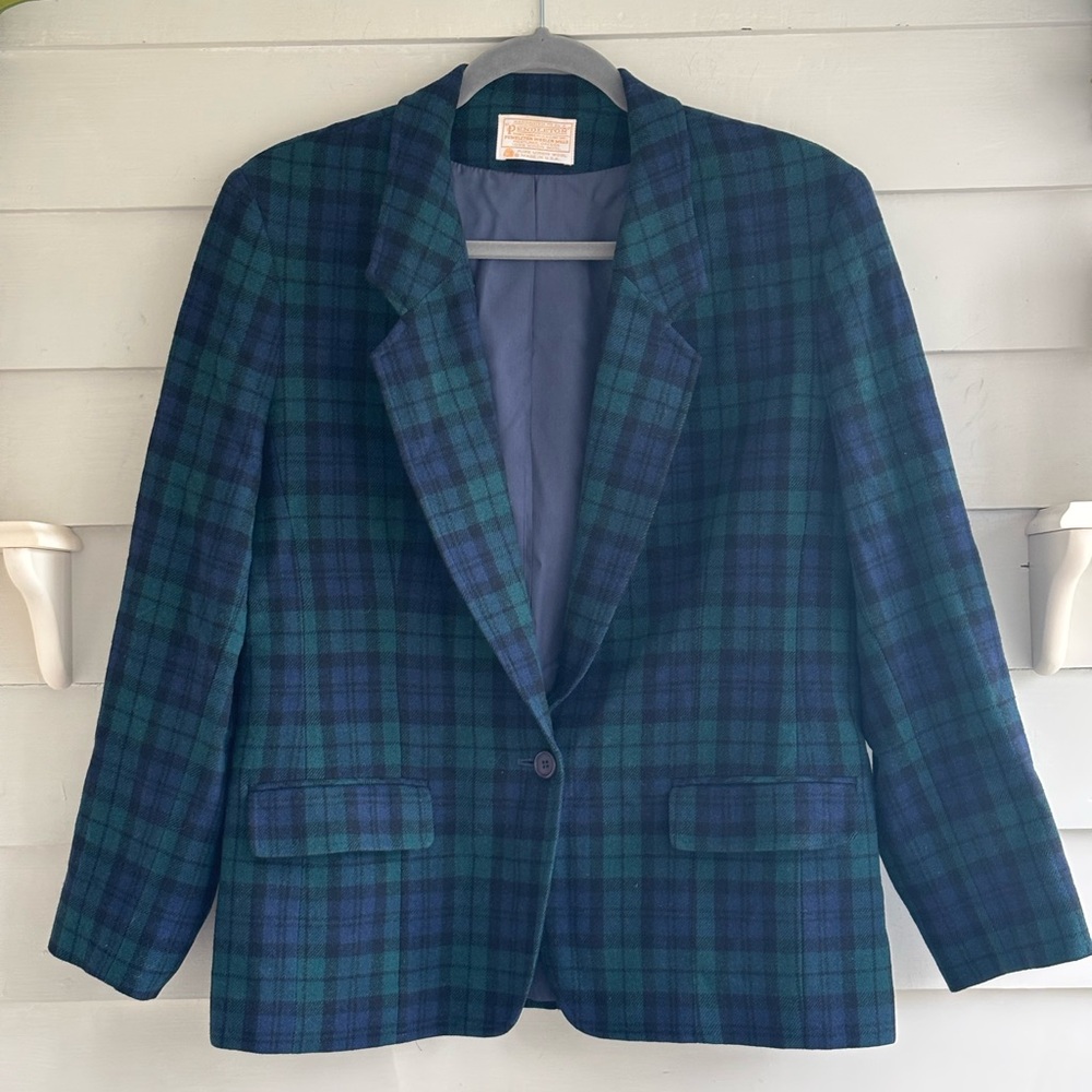 Pendleton Green and Blue Tartan Plaid Wool Blazer Jacket Vintage Size 16